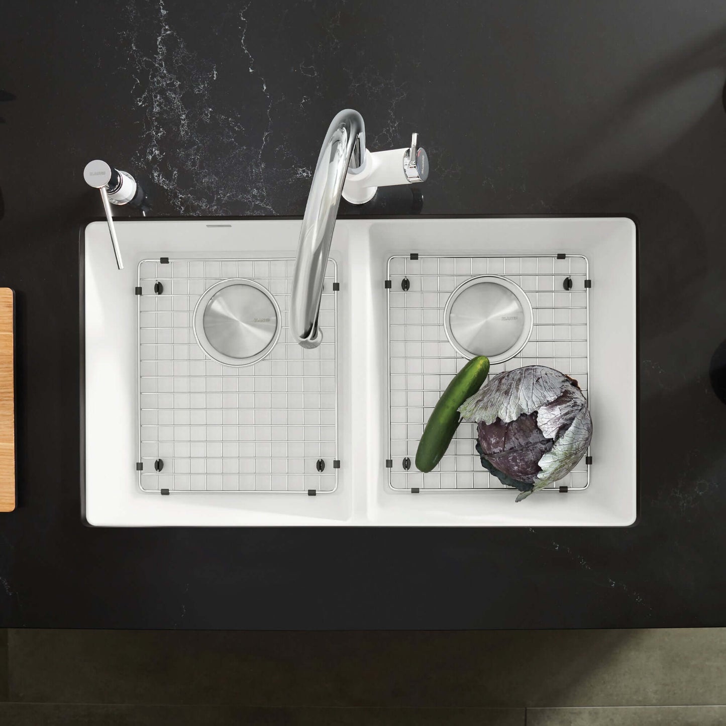 BLANCO Precis SILGRANIT 29" 50/50 Double Bowl Undermount Kitchen Sink with green cucumber and purple cabbage.