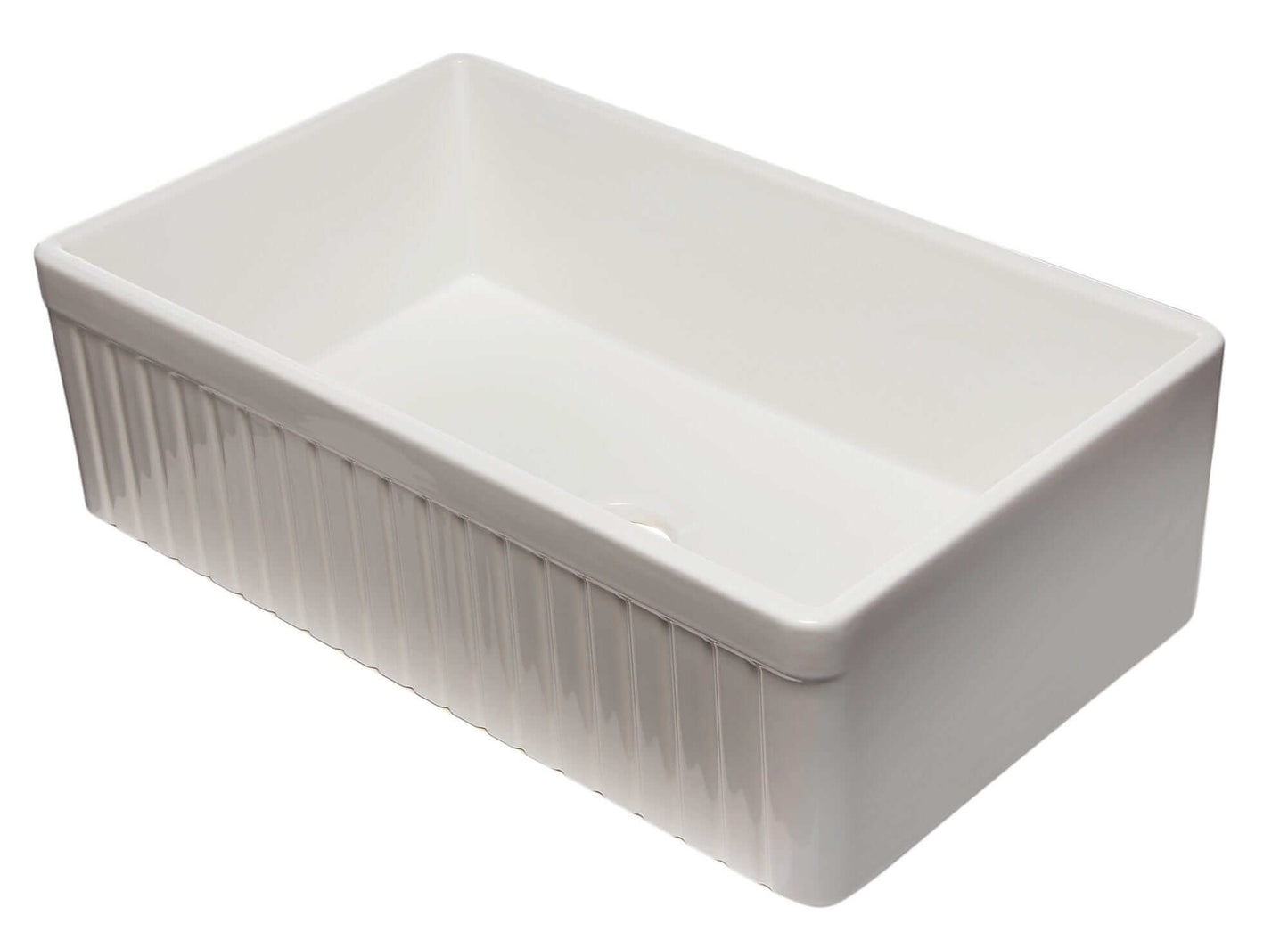 ALFI 33" White Single Bowl Fluted Apron Fireclay Farm Sink AB532-W showcasing a spacious and stylish design, perfect for kitchens.
