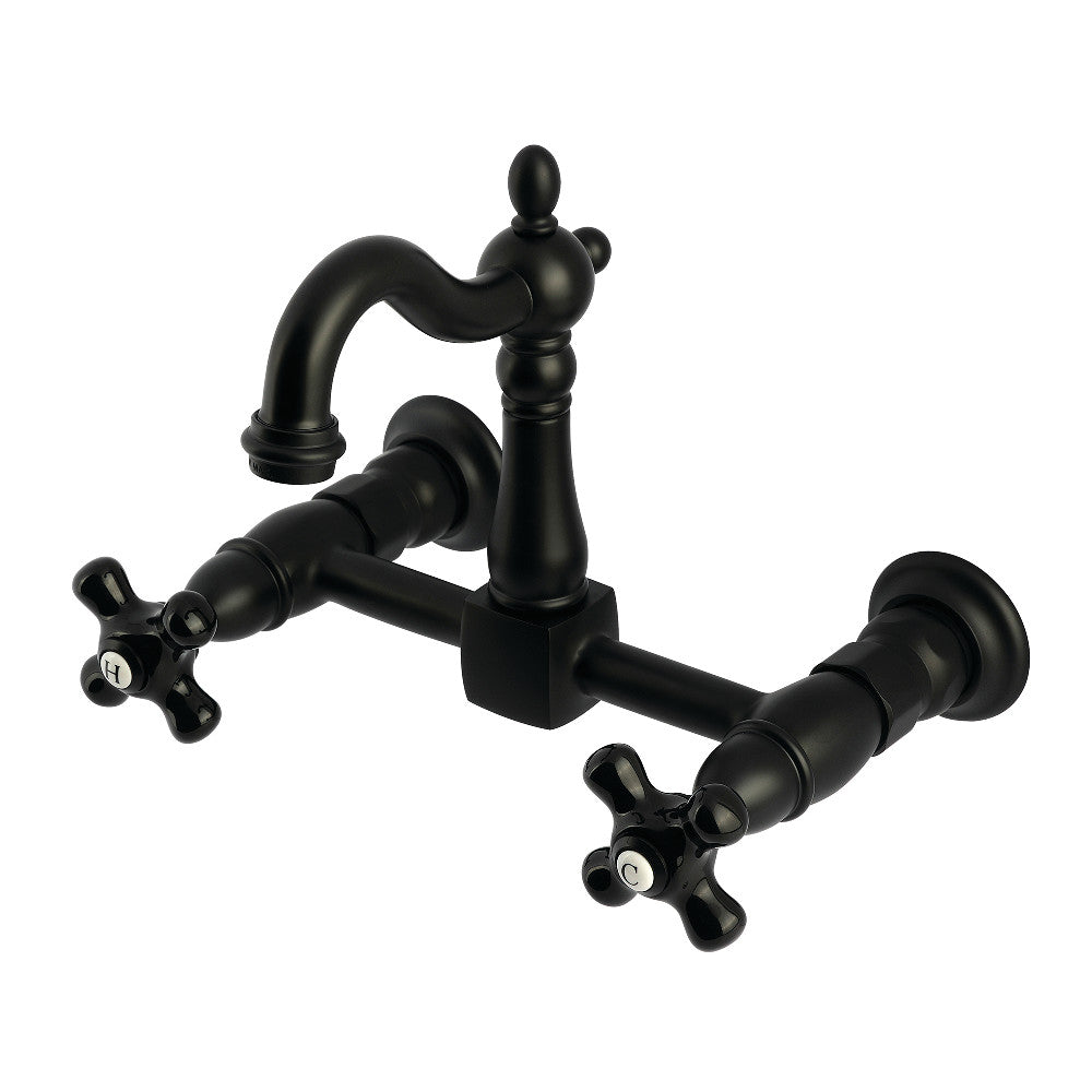 Kingston KS2443PKX Duchess Two-Handle Wall Mount Bridge Kitchen Faucet, Antique Brass in matte black finish
