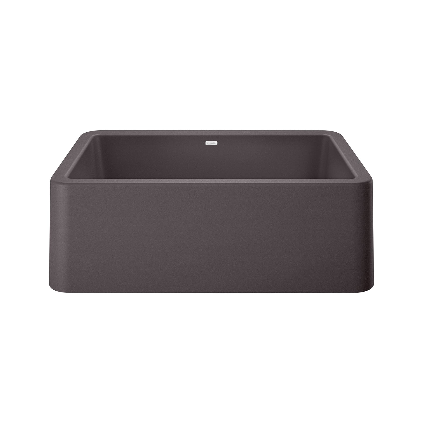 BLANCO Ikon SILGRANIT 30" Single Bowl Apron-Front Farmhouse Sink in dark color showing side view.
