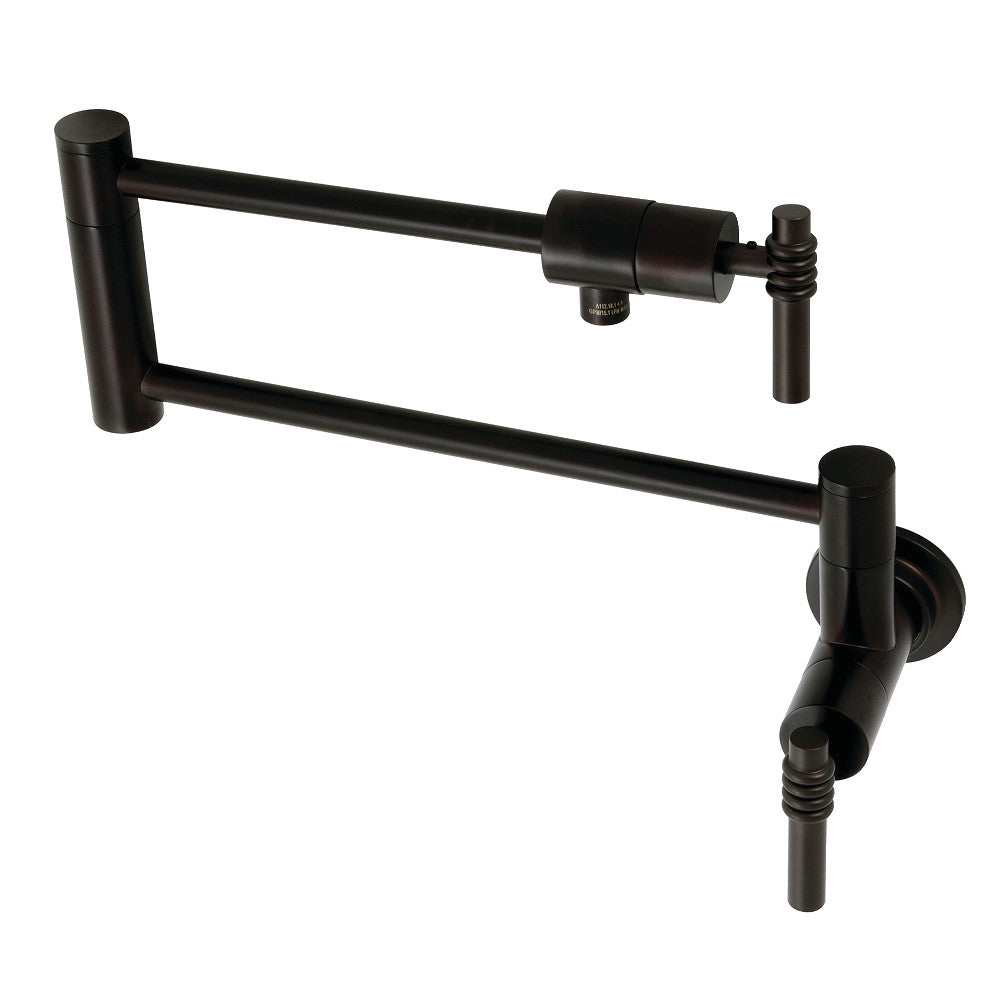 Kingston Brass KS4103ML Milano Wall Mount Pot Filler Faucet, Antique Brass with foldable swing arms.