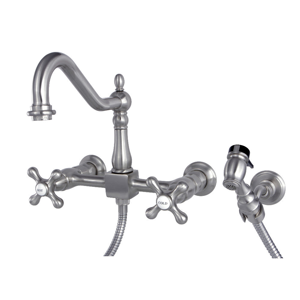 Kingston KS1243AXBS Heritage Two-Handle Wall Mount Bridge Kitchen Faucet with Brass Sprayer, Antique Brass