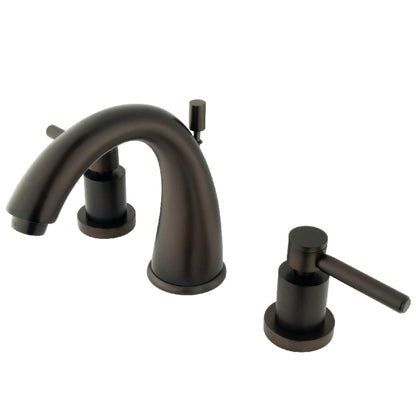Kingston Brass KS2967DL Concord Widespread Bathroom Faucet with bold cylindrical design, angled right side view.