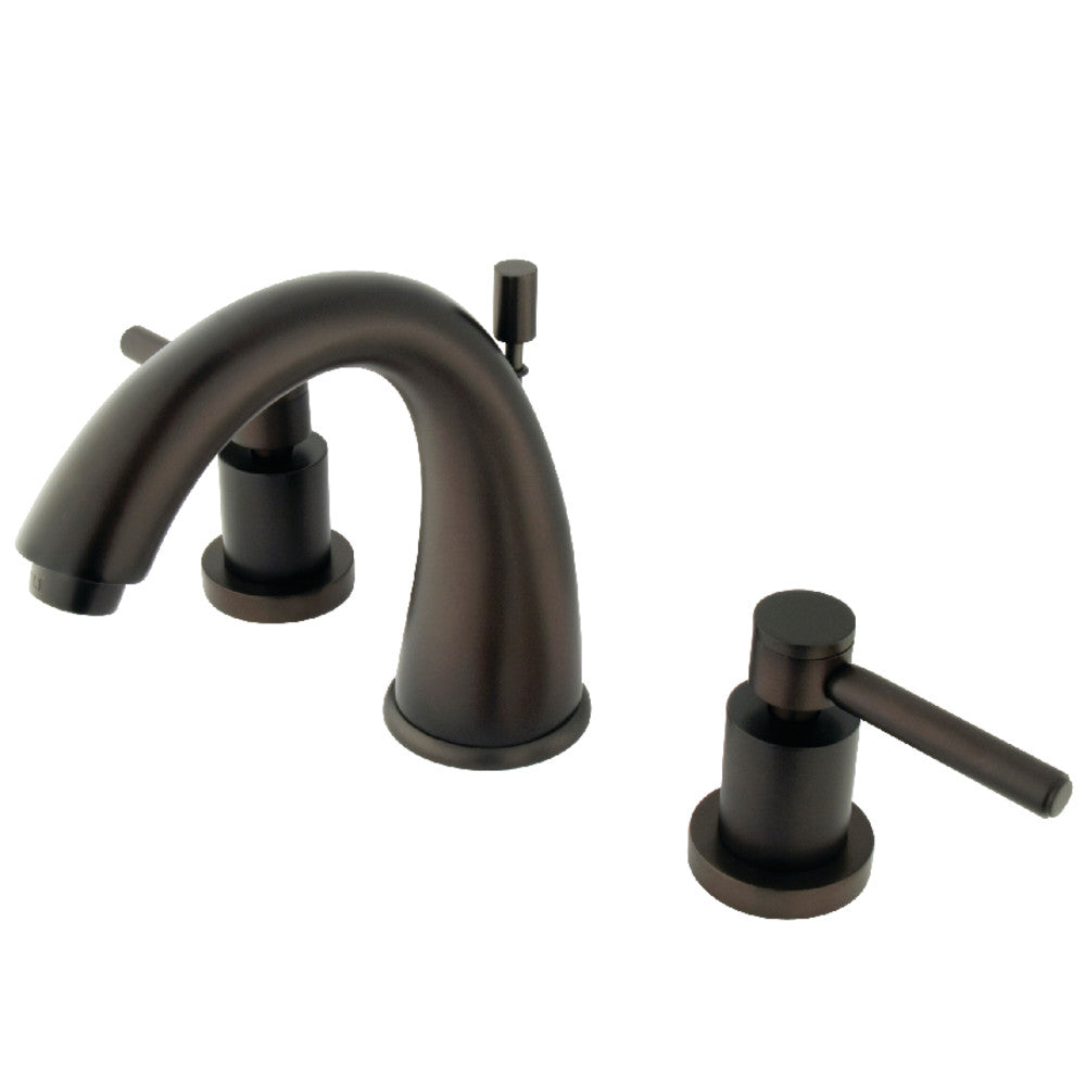 Kingston Brass KS2967DL Concord Widespread Bathroom Faucet with bold cylindrical design, angled right side view.