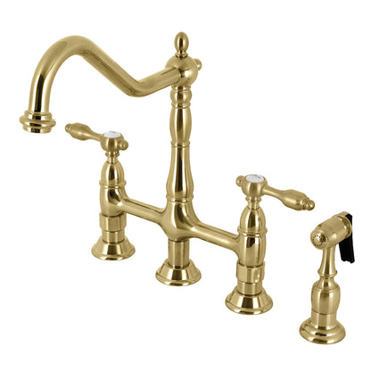 Kingston KS1273TALBS Tudor Bridge Kitchen Faucet with Brass Sprayer, Antique Brass in brushed brass finish