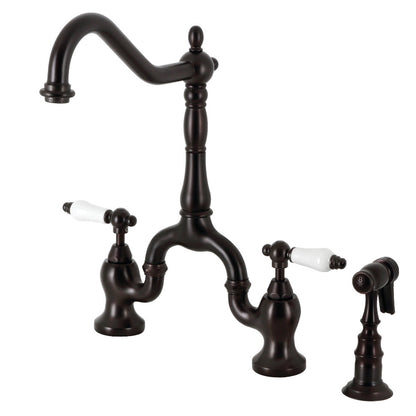 Kingston KS7753PLBS English Country Bridge Kitchen Faucet with Brass Sprayer, Antique Brass, traditional design.