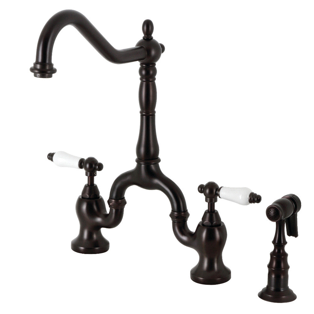 Kingston KS7753PLBS English Country Bridge Kitchen Faucet with Brass Sprayer, Antique Brass, traditional design.