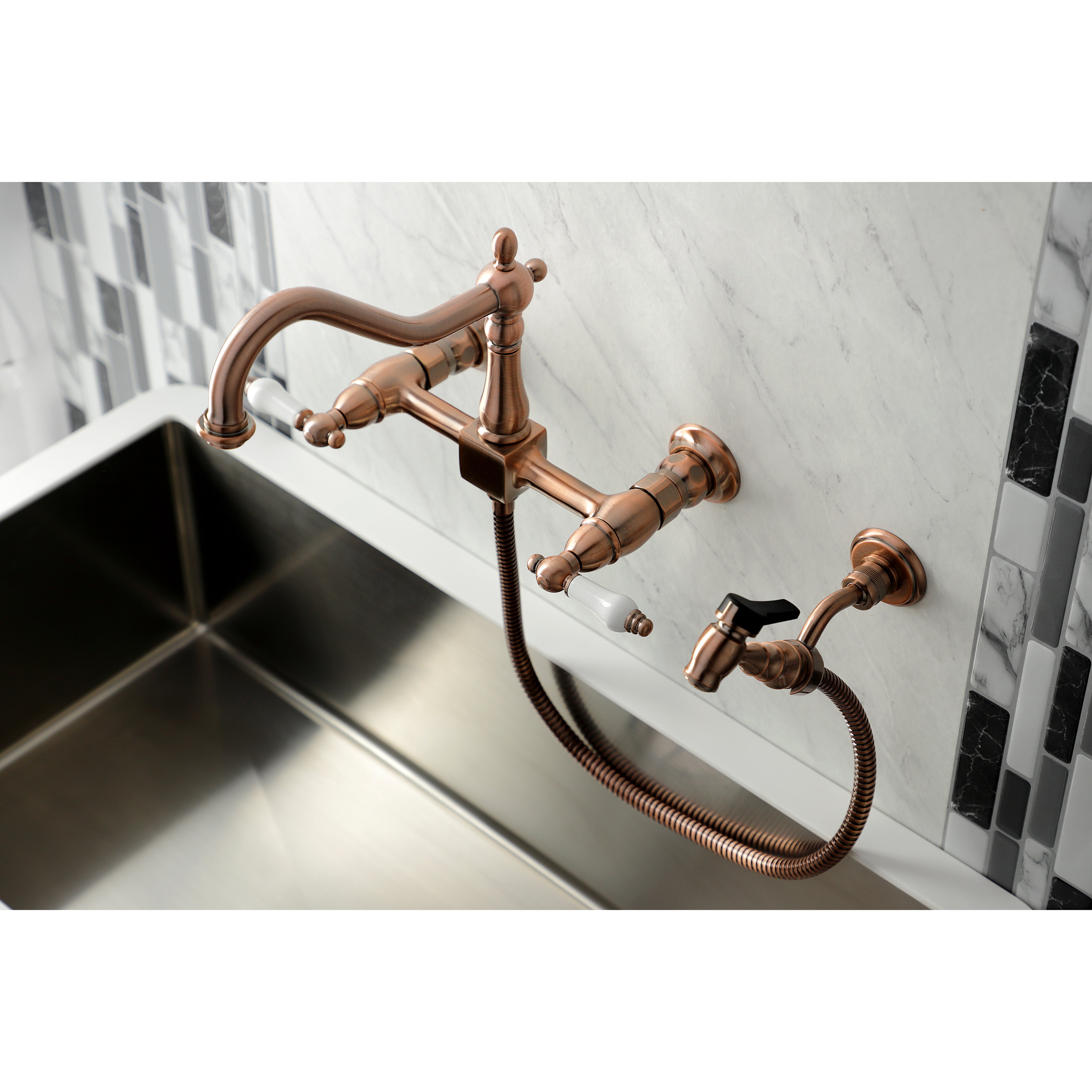 Kingston KS1243PLBS Heritage Two-Handle Wall Mount Bridge Kitchen Faucet with Brass Sprayer, Antique Brass
