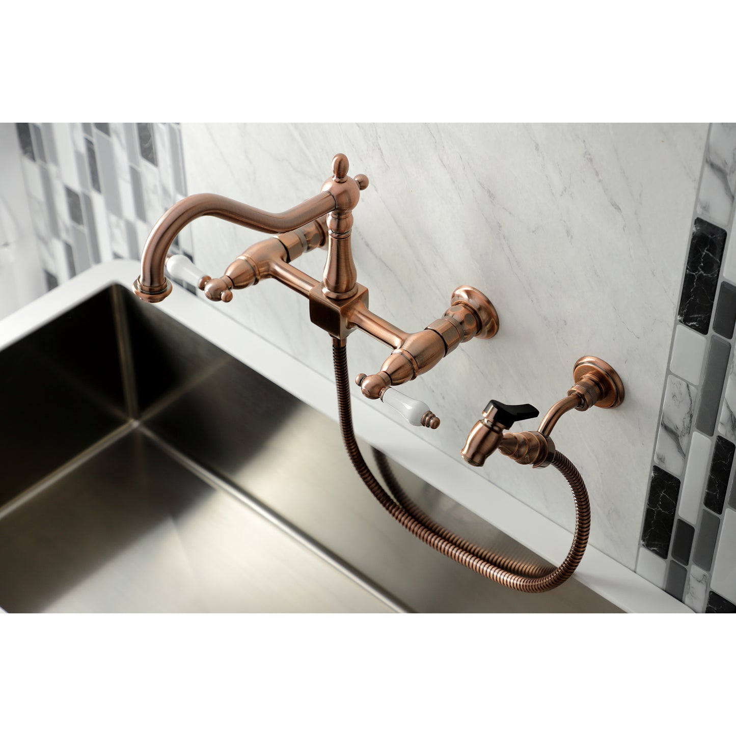 Kingston KS1243PLBS Heritage Two-Handle Wall Mount Bridge Kitchen Faucet with Brass Sprayer, Antique Brass