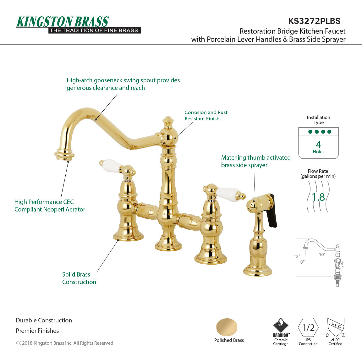 Kingston KS3277PLBS Restoration Bridge Kitchen Faucet with Brass Sprayer, Brushed Brass installation and features.