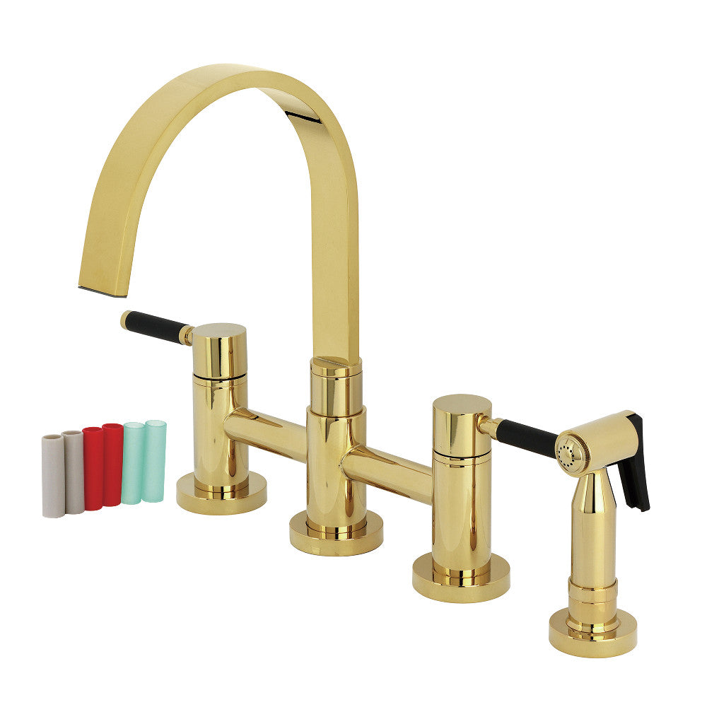 Kingston KS8267DKLBS Kaiser Bridge Kitchen Faucet with Brass Sprayer, Brushed Brass, featuring sleek design and ergonomic handles.