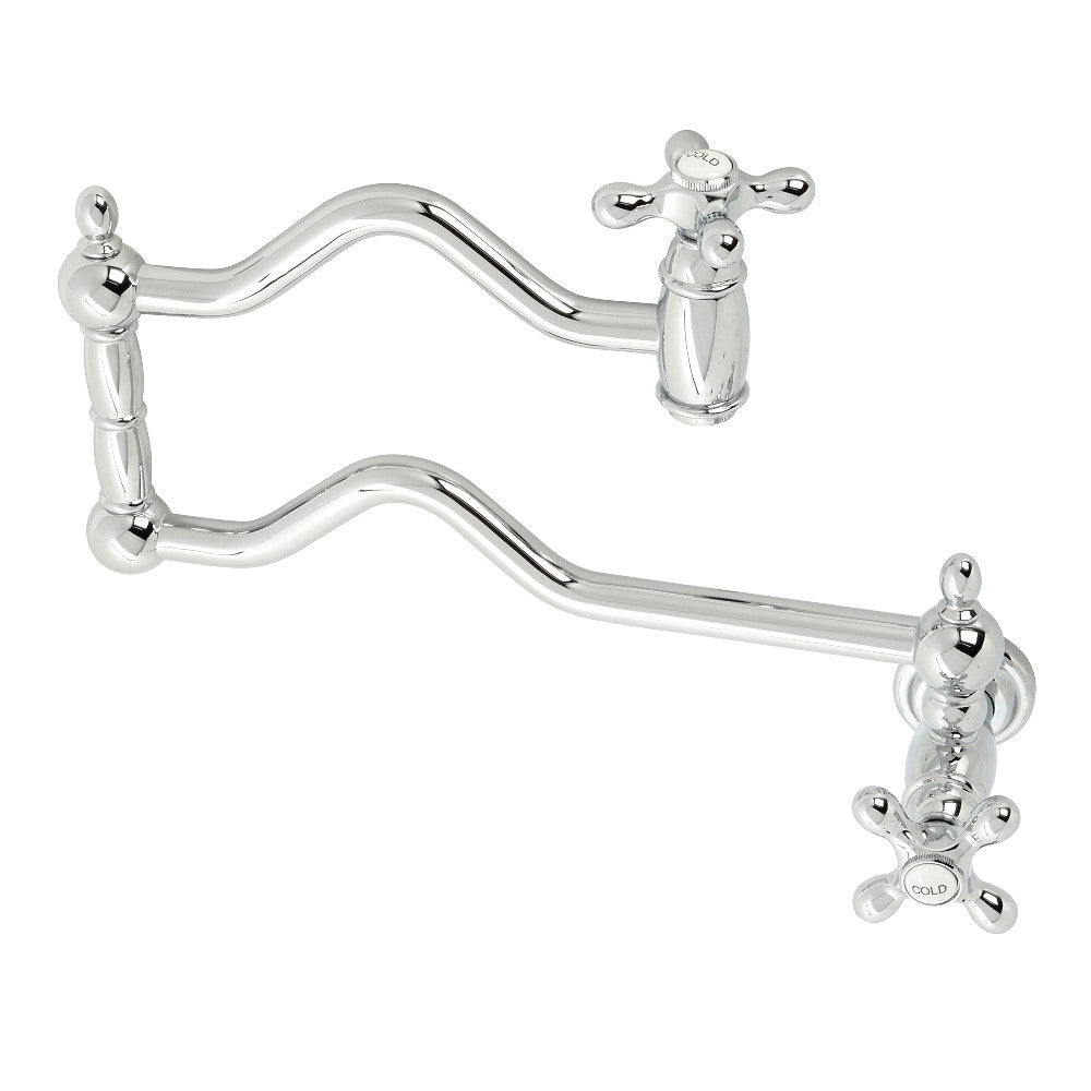 Kingston Brass KS2107AX Heritage Wall Mount Pot Filler Faucet, Brushed Brass with polished chrome finish.