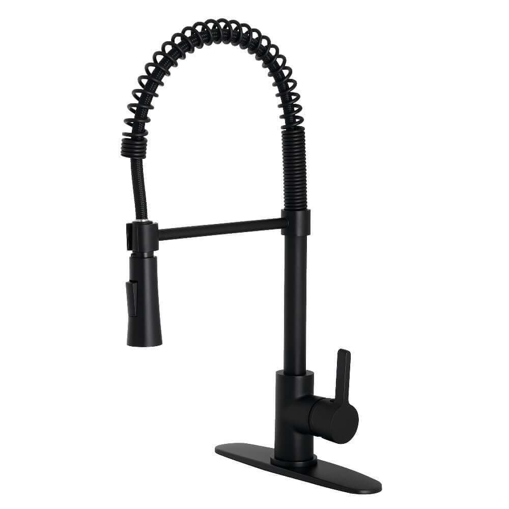 Gourmetier LS8678CTL Continental Single-Handle Deck-Mount Pre-Rinse Kitchen Faucet, Brushed Nickel, side view with modern curved spout.