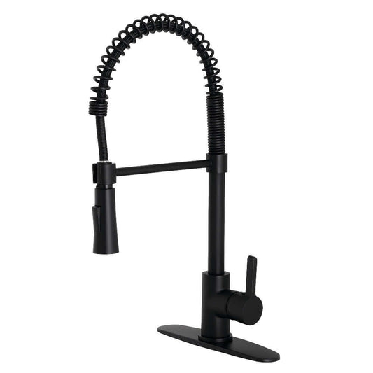 Gourmetier LS8678CTL Continental Single-Handle Deck-Mount Pre-Rinse Kitchen Faucet, Brushed Nickel, side view with modern curved spout.
