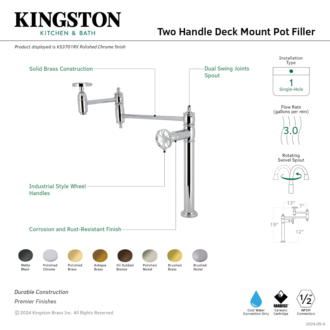 Kingston Brass KS8103RX Belknap Wall Mount Pot Filler Faucet, Antique Brass