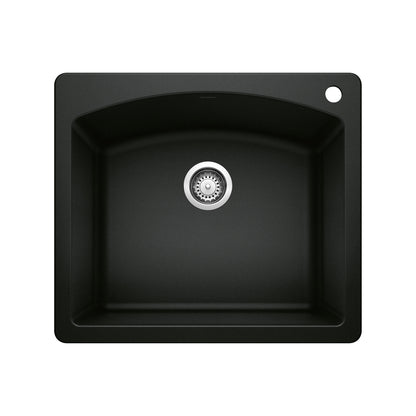 BLANCO Diamond SILGRANIT 25" Single Bowl Dual Mount Kitchen Sink in black color with curved design.