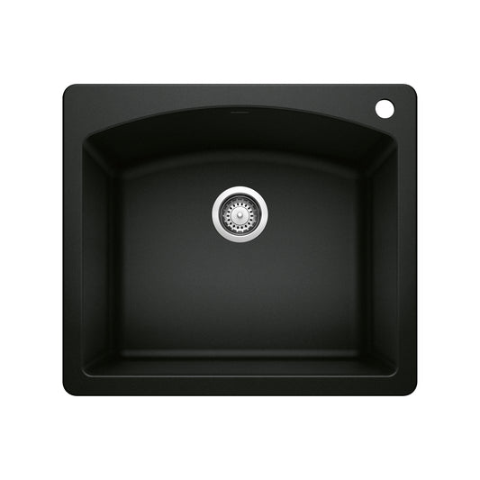 BLANCO Diamond SILGRANIT 25" Single Bowl Dual Mount Kitchen Sink in black color with curved design.