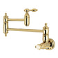 Kingston Brass KS3103TAL Tudor Wall Mount Pot Filler Faucet, Antique Brass with vintage design and polished brass finish.