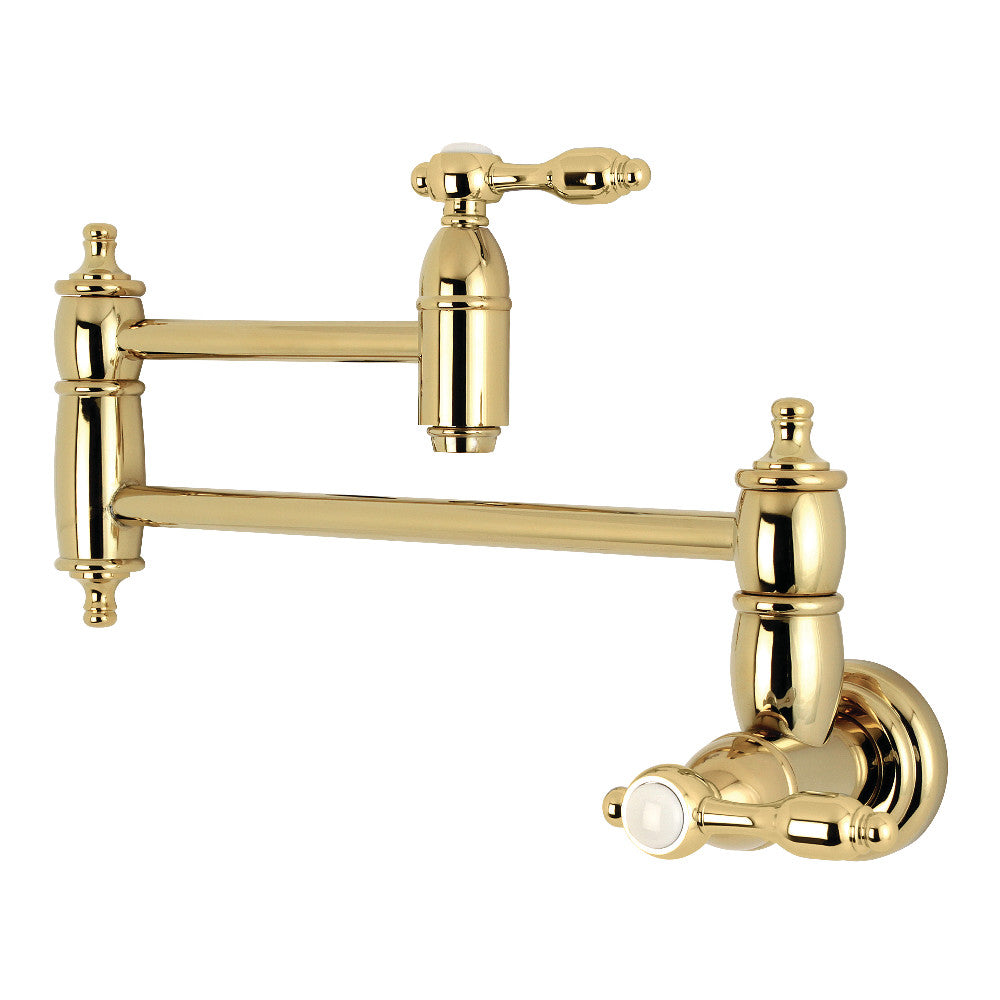 Kingston Brass KS3103TAL Tudor Wall Mount Pot Filler Faucet, Antique Brass with vintage design and polished brass finish.