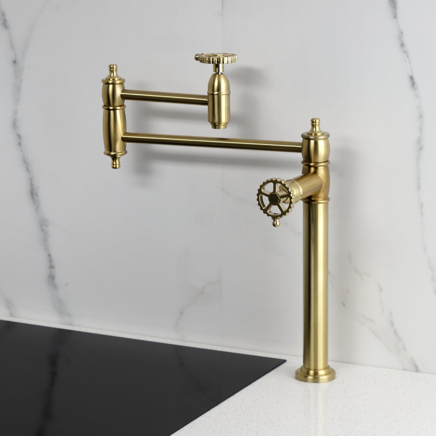 Kingston Brass KS3703CG Fuller Deck Mount Pot Filler Faucet, Antique Brass on countertop.