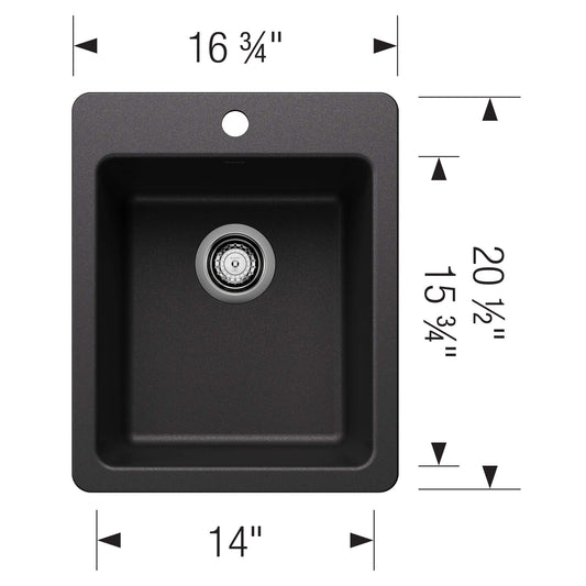 BLANCO Liven SILGRANIT 17" Dual Mount Bar Sink dimensions and design, showcasing compact space efficiency.