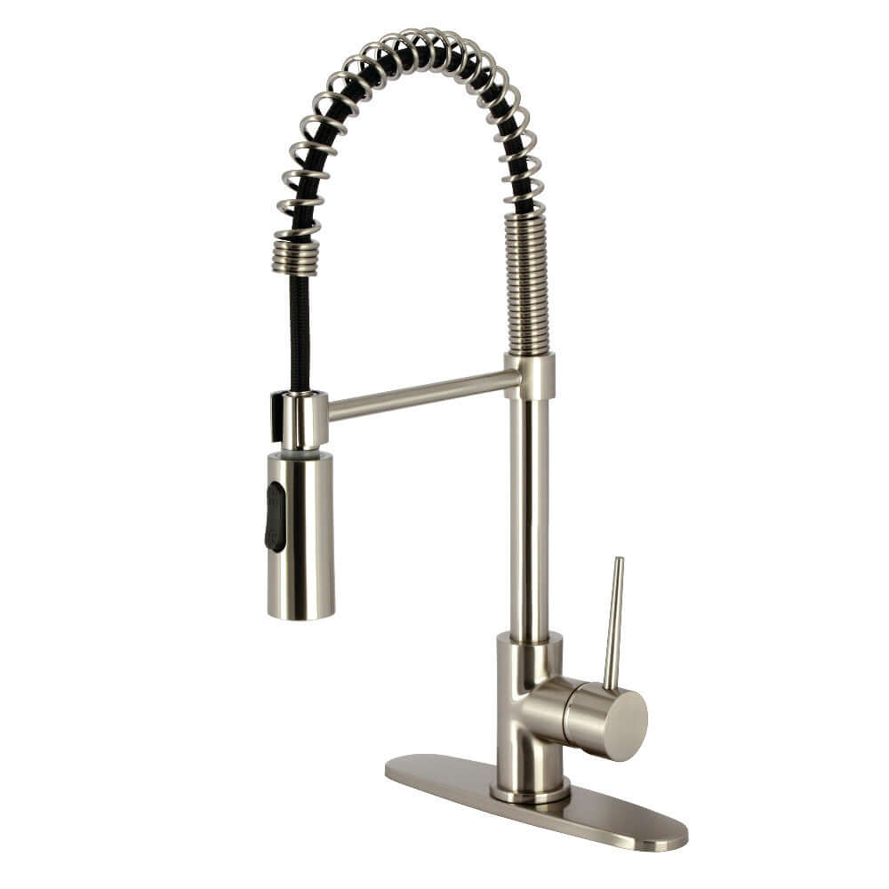 Kingston Brass LS8778NYL New York Pre-Rinse Kitchen Faucet in brushed nickel, showcasing a high-arch spout and professional design.