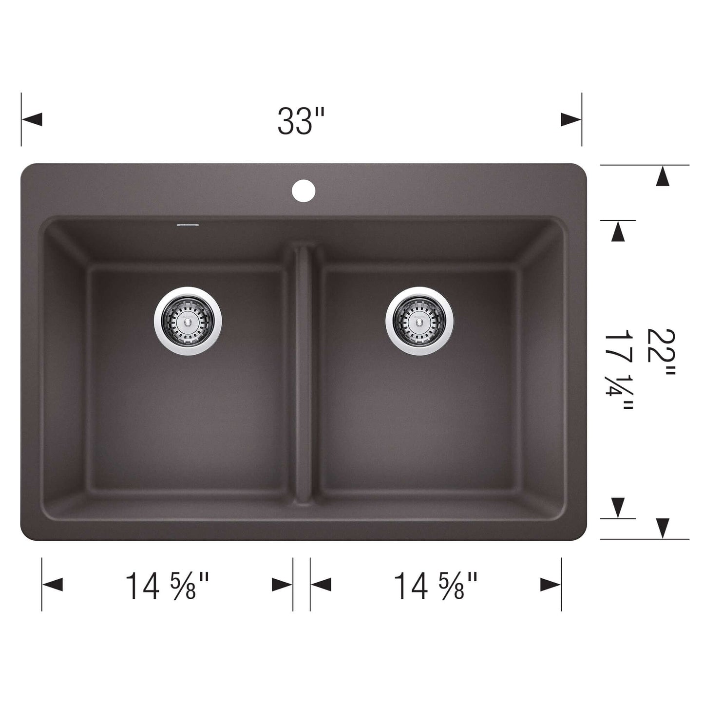 BLANCO Liven SILGRANIT 33" 50/50 Double Bowl Dual Mount Kitchen Sink with Low Divide top view and dimensions.