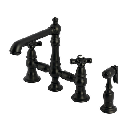 Kingston KS7277PKXBS Duchess Bridge Kitchen Faucet with Brass Sprayer, Brushed Brass in matte black finish.