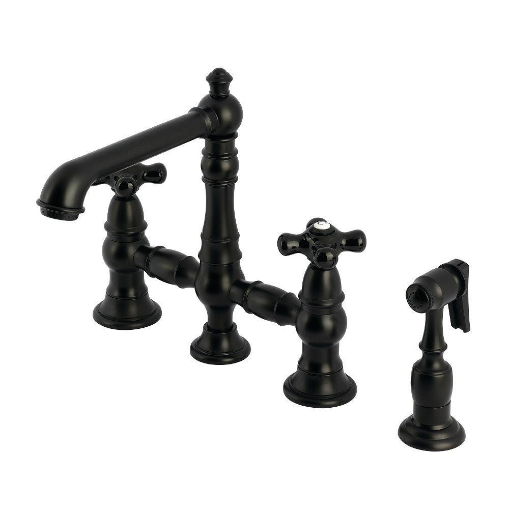 Kingston KS7277PKXBS Duchess Bridge Kitchen Faucet with Brass Sprayer, Brushed Brass in matte black finish.