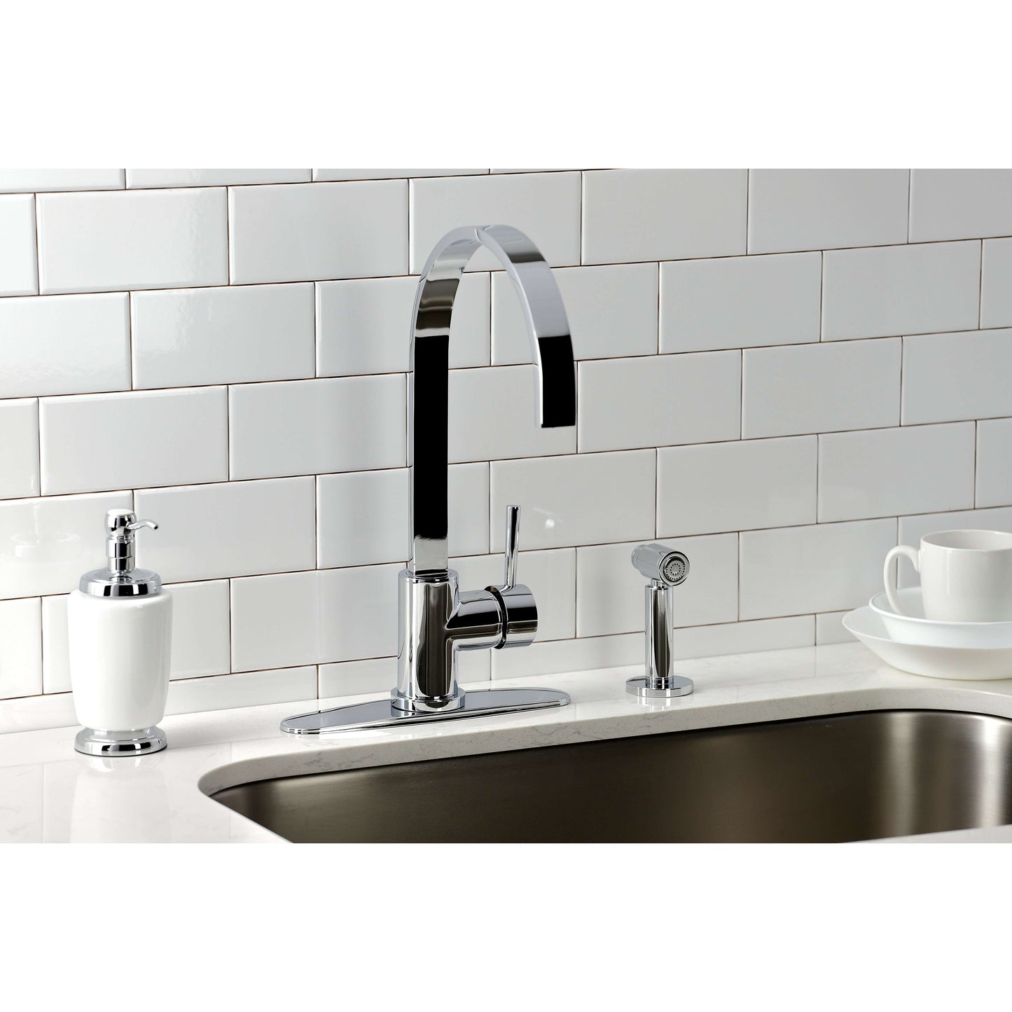Kingston Brass LS8713DLBS Concord Kitchen Faucet with Brass Side Sprayer right side view showcasing sleek design.
