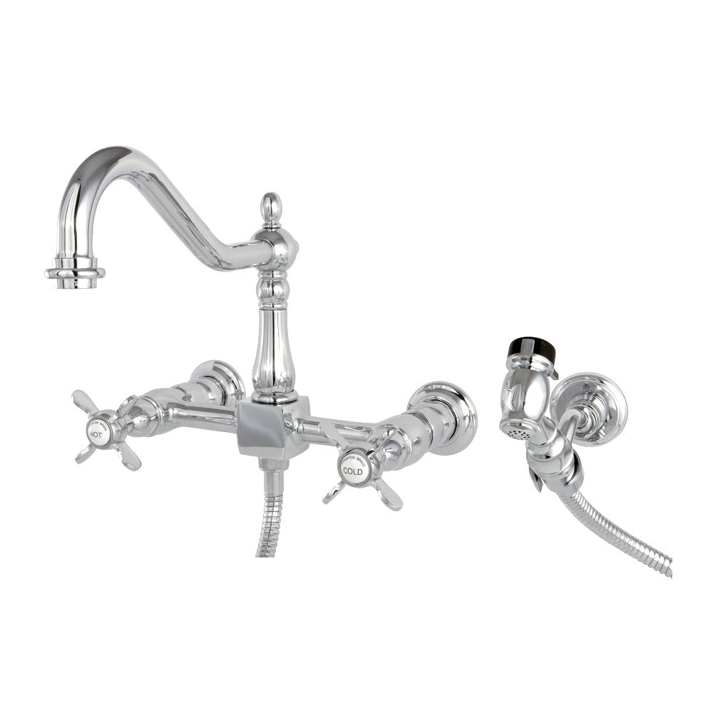 Kingston KS1248BEXBS Essex Two-Handle Wall Mount Bridge Kitchen Faucet with Brass Sprayer, Brushed Nickel