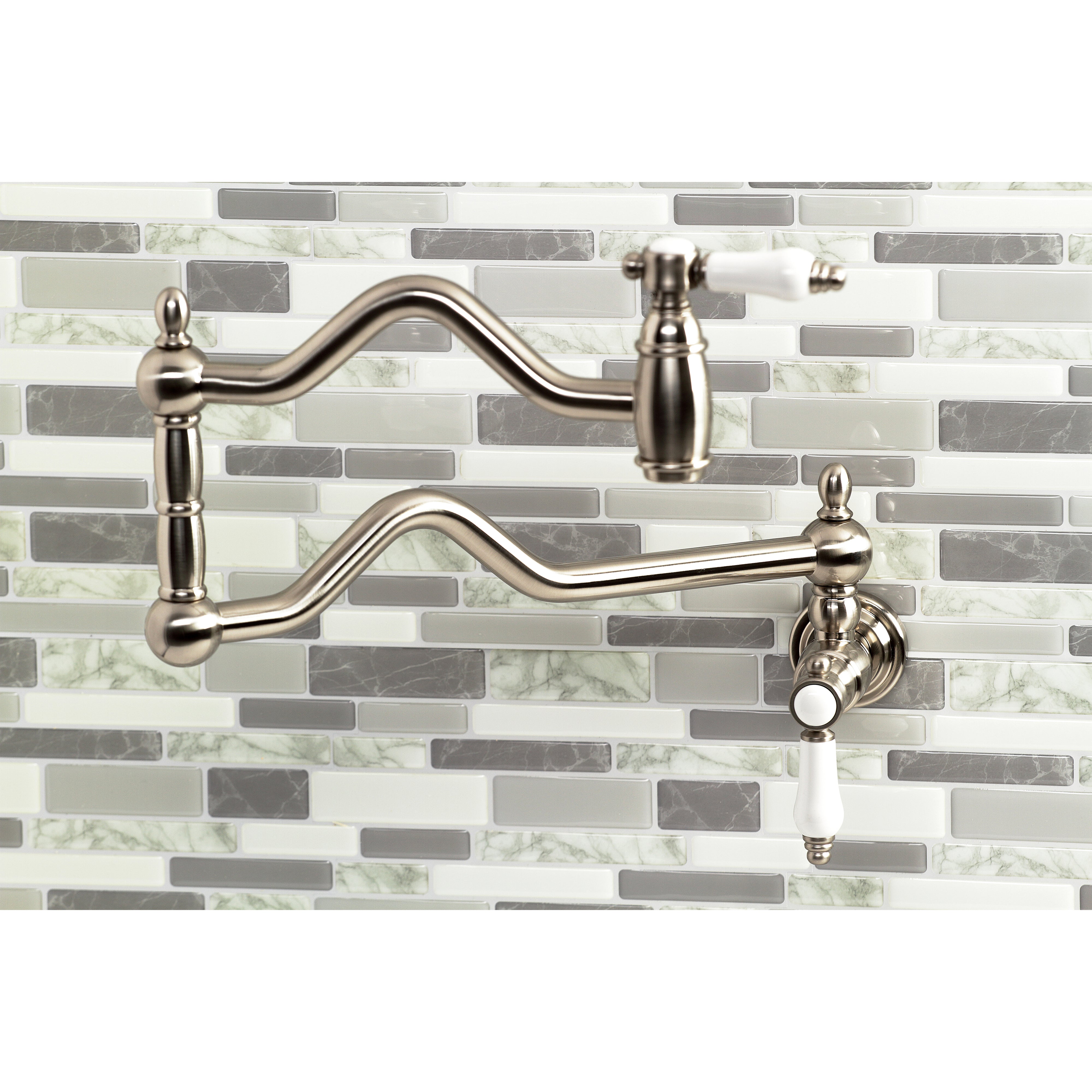 Kingston Brass KS2107BPL Bel-Air Wall Mount Pot Filler Faucet, Brushed Brass with white porcelain levers and foldable swing arms.