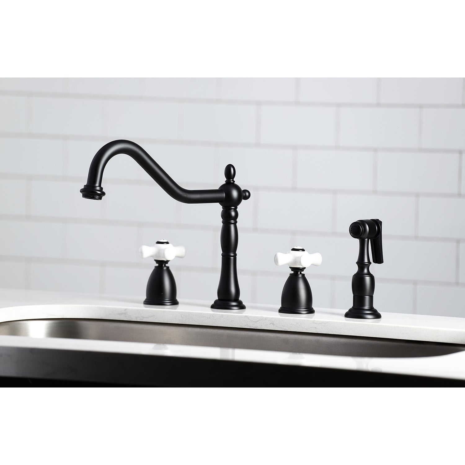 Kingston Brass KB1797PXBS Heritage Double-Handle Widespread Kitchen Faucet with Brass Sprayer, Brushed Brass
