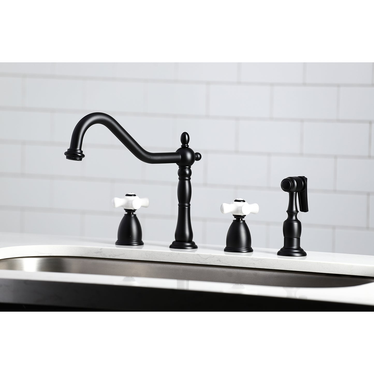 Kingston Brass KB1797PXBS Heritage Double-Handle Widespread Kitchen Faucet with Brass Sprayer, Brushed Brass