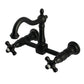 Kingston KS1263PKX Duchess Two-Handle Wall Mount Bridge Kitchen Faucet, Antique Brass with black porcelain handles
