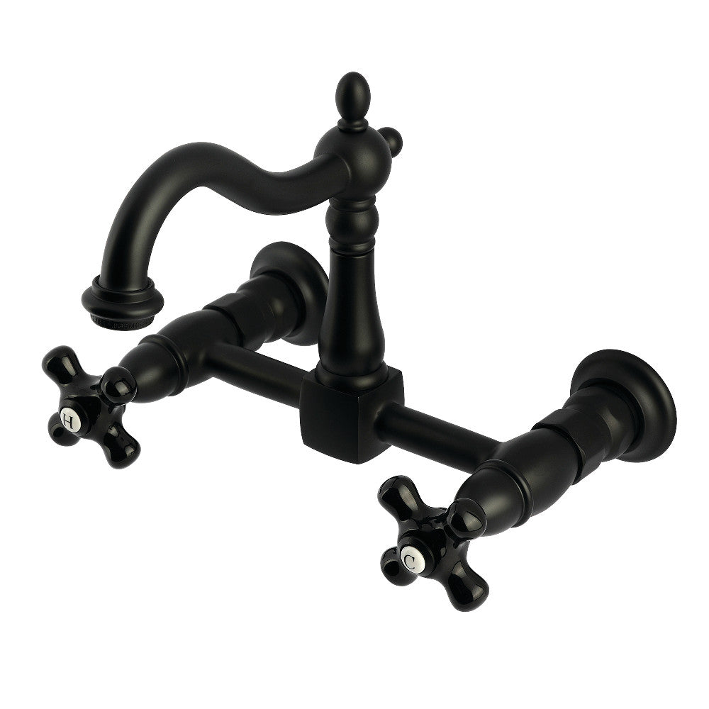 Kingston KS1263PKX Duchess Two-Handle Wall Mount Bridge Kitchen Faucet, Antique Brass with black porcelain handles