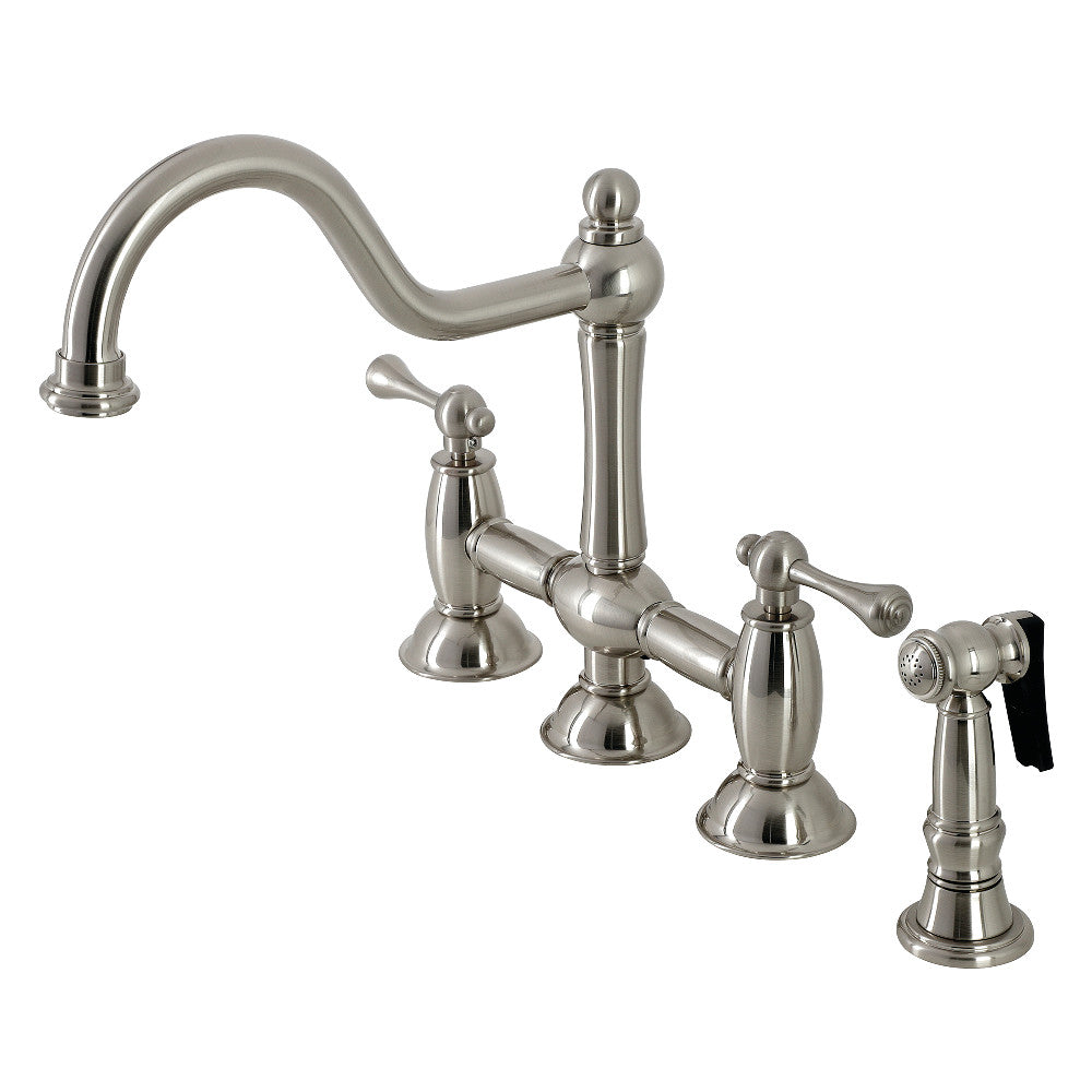 Kingston KS3798BLBS Restoration Bridge Kitchen Faucet with Brass Sprayer, Brushed Nickel