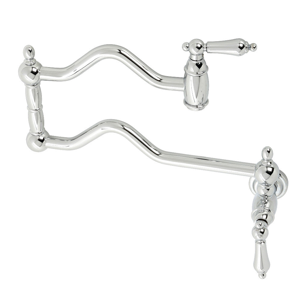 Kingston Brass KS2107AL Heritage Wall Mount Pot Filler Faucet, Brushed Brass with polished chrome finish.