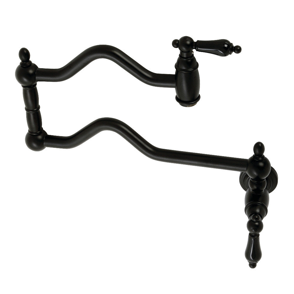 Kingston Brass KS2107PKL Duchess Wall Mount Pot Filler Faucet, Brushed Brass - black porcelain handles