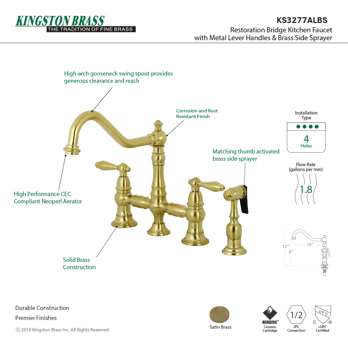Kingston KS3277ALBS Restoration Bridge Kitchen Faucet with Brass Sprayer, Brushed Brass design and features outlined.