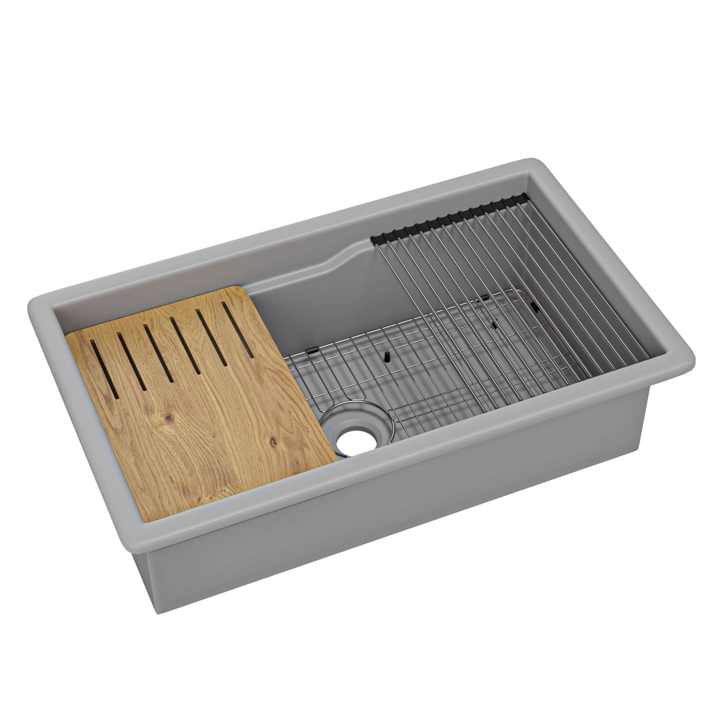 Alfi 32" Dual Mount Fireclay Workstation Kitchen Sink - ABFS3219SUD with bamboo cutting board and stainless steel grid.