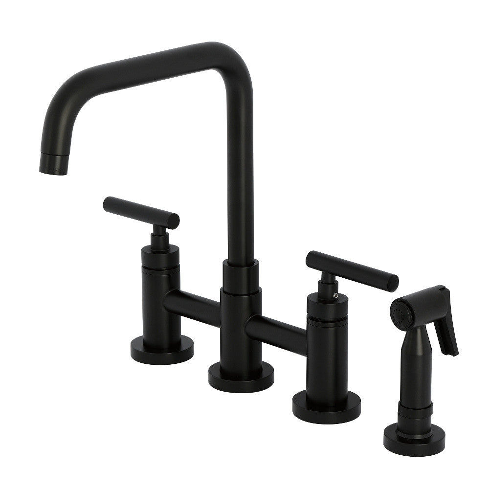 Kingston KS8287CMLBS Manhattan Bridge Kitchen Faucet with Brass Sprayer, Brushed Brass in Matte Black finish