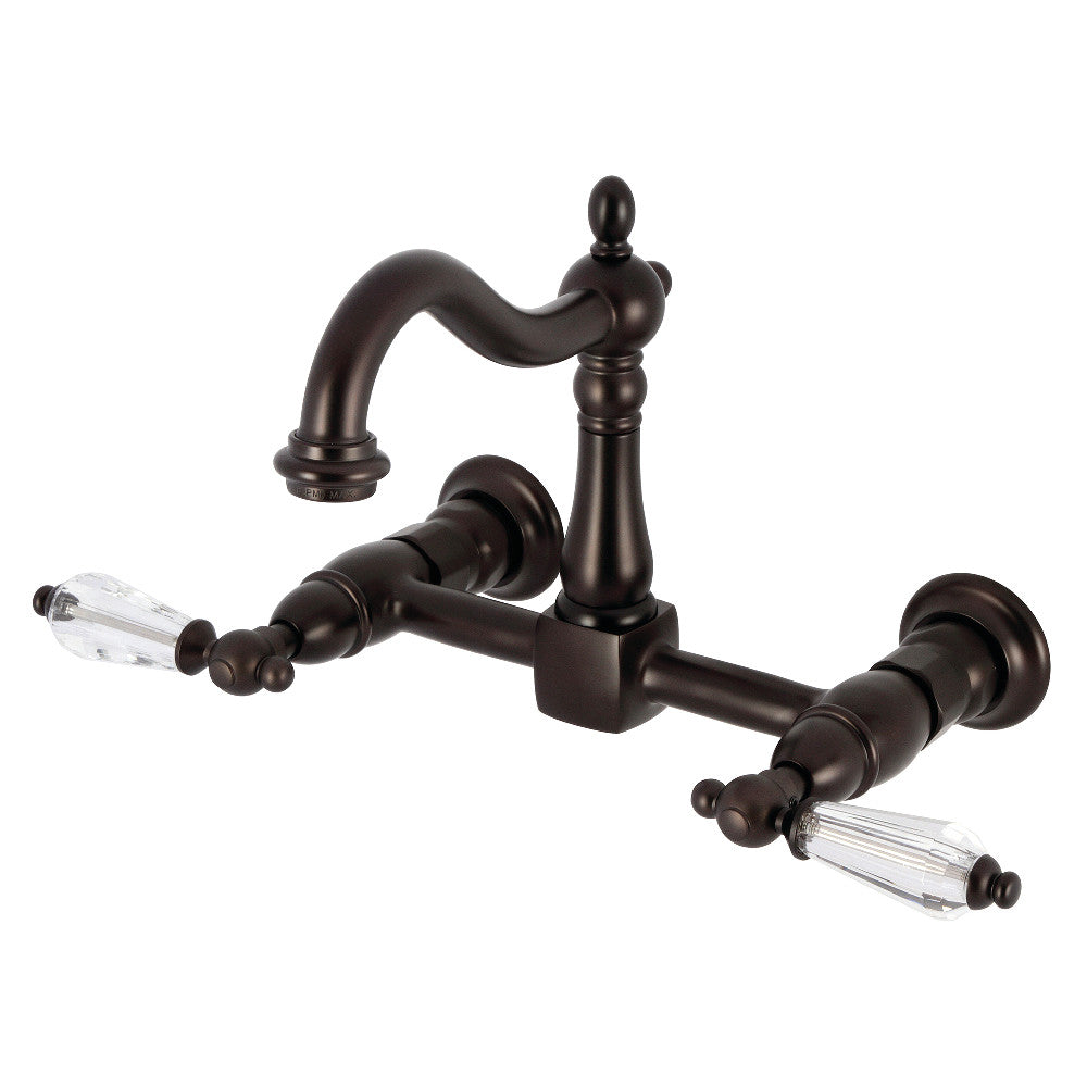 Kingston KS1263WLL Willshire Two-Handle Wall Mount Bridge Kitchen Faucet, Antique Brass with oil rubbed bronze finish.