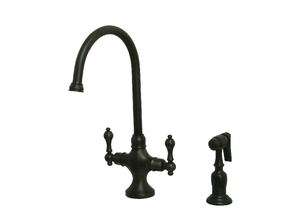 Kingston Brass KS1763ALBS Vintage Two-Handle Single-Hole Kitchen Faucet with Brass Sprayer, Antique Brass