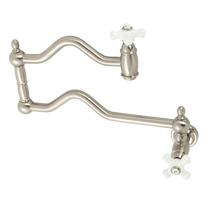 Kingston Brass KS2107PX Heritage Wall Mount Pot Filler Faucet, Brushed Brass with foldable swing arms.