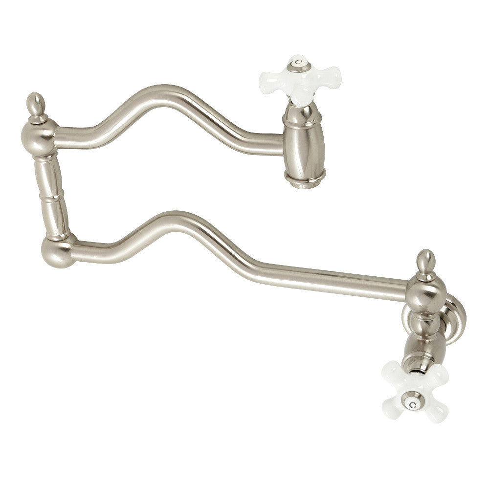 Kingston Brass KS2107PX Heritage Wall Mount Pot Filler Faucet, Brushed Brass with foldable swing arms.