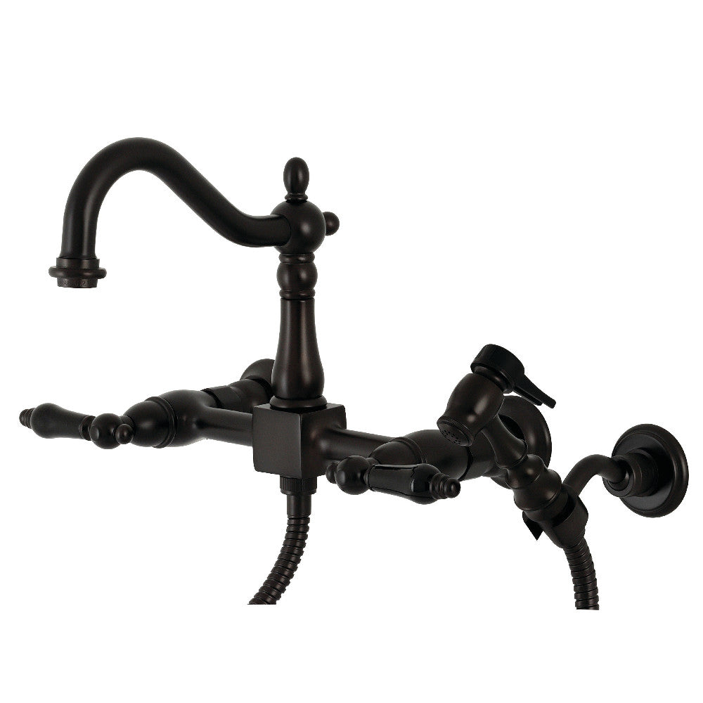 Kingston KS1263PKLBS Duchess Two-Handle Wall Mount Bridge Kitchen Faucet with Brass Sprayer, Antique Brass