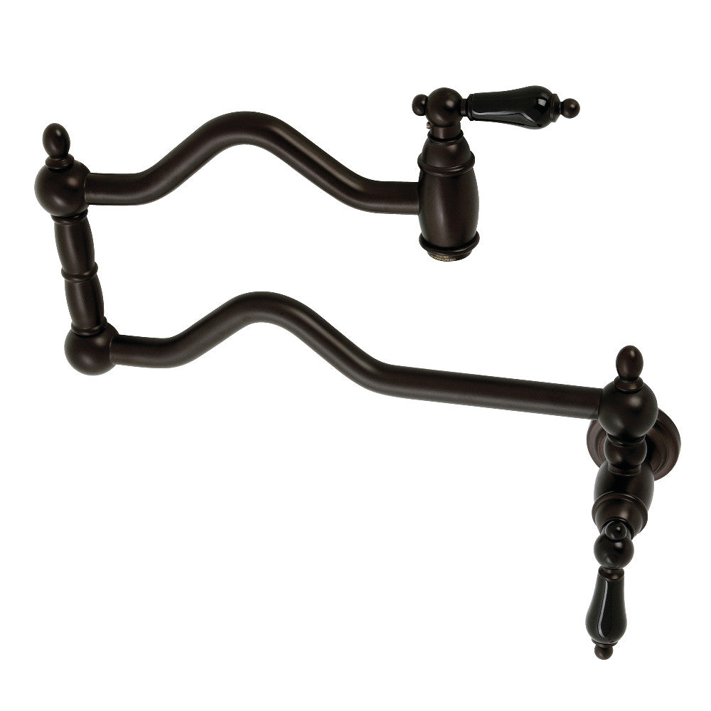 Kingston Brass KS2107PKL Duchess Wall Mount Pot Filler Faucet, Brushed Brass with black porcelain handles.