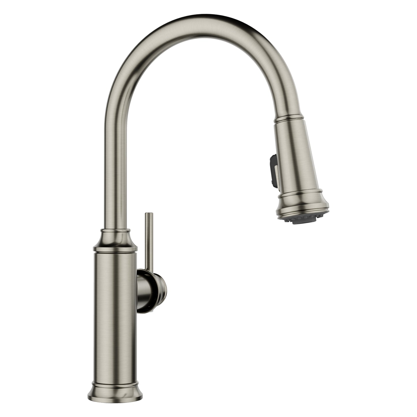 BLANCO Empressa High Arc Pull-Down Dual-Spray Kitchen Faucet with elevated spout design in polished nickel finish.