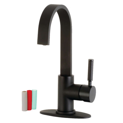 Kingston Brass LS8618DKL Kaiser Single-Handle Bar Faucet with high-arc spout and minimalist design. Left side view.